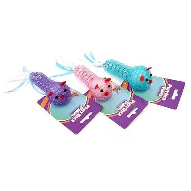 Cat Toy Spring Mouse w Tails 14cm 3 Asstd Colours