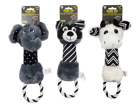 Black and White Squeaky plush Dog Toy with Rope