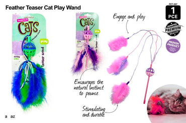 Cat Toy Wand w rattle ball and feathers