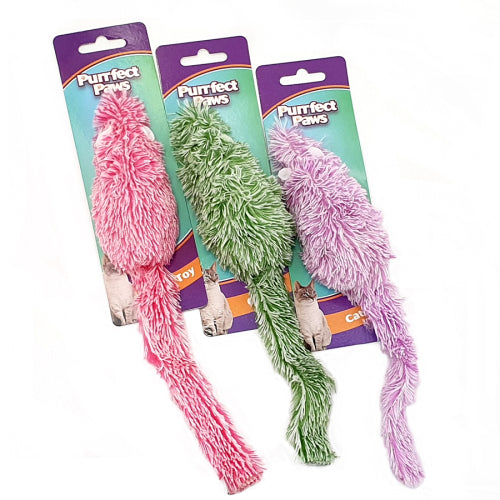 Purrfect Paws Cat Toy Mouse Plush w Long Tail - 3 Assorted Colours